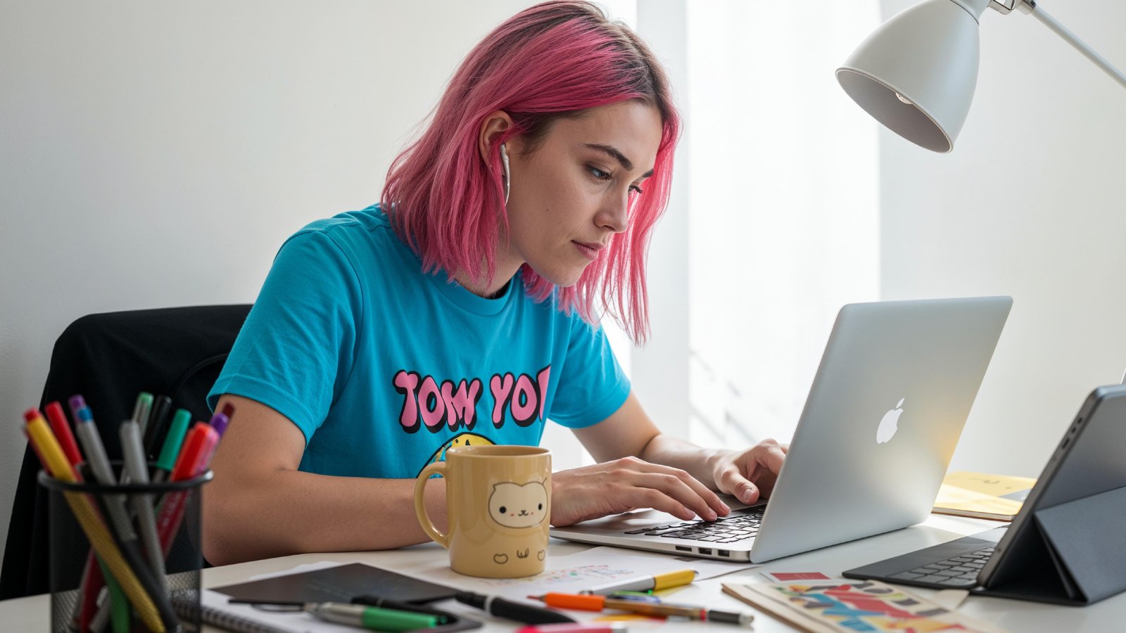 Beautiful Young Woman Working on Laptop at Modern Office Desk, Professional Business Portrait