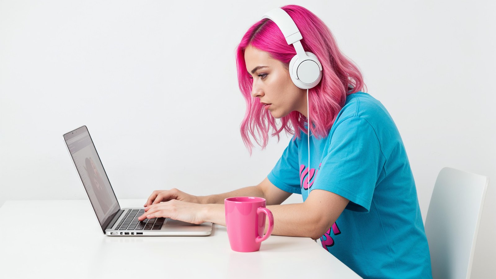 Beautiful Young Woman Working on Laptop at Modern Office Desk, Professional Business Portrait