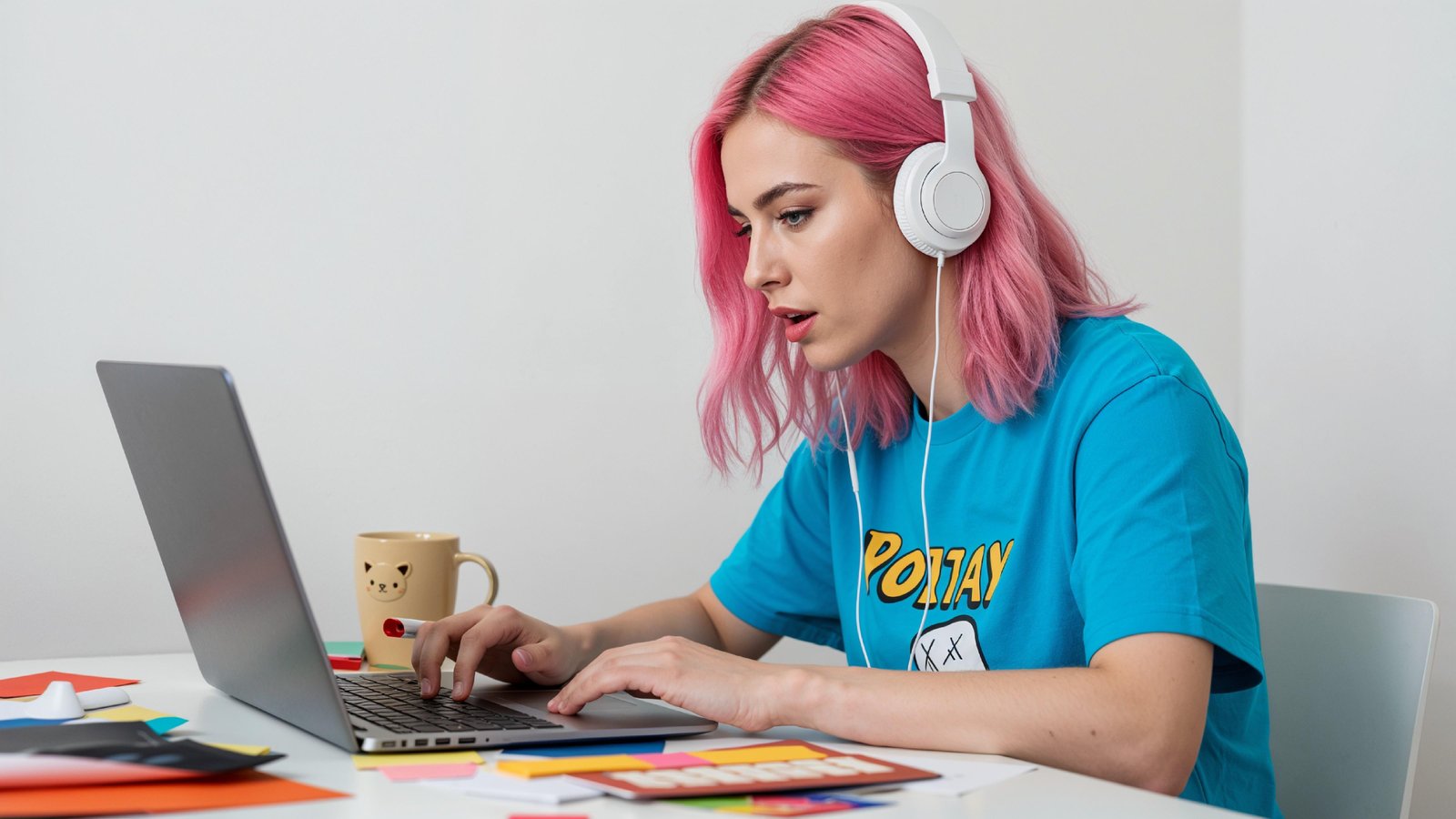 Beautiful Young Woman Working on Laptop at Modern Office Desk, Professional Business Portrait