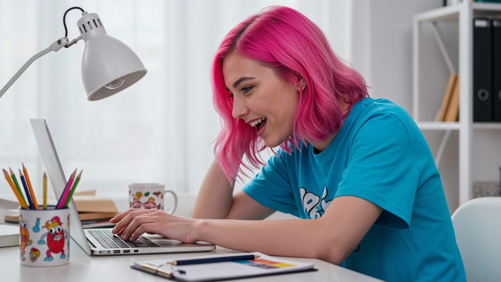 Beautiful Young Woman Working on Laptop at Modern Office Desk, Professional Business Portrait