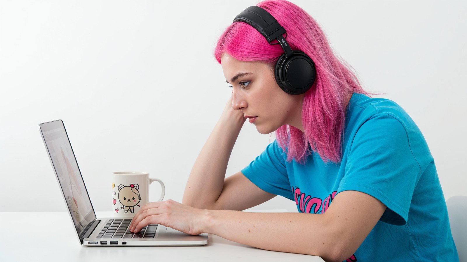 Beautiful Young Woman Working on Laptop at Modern Office Desk, Professional Business Portrait