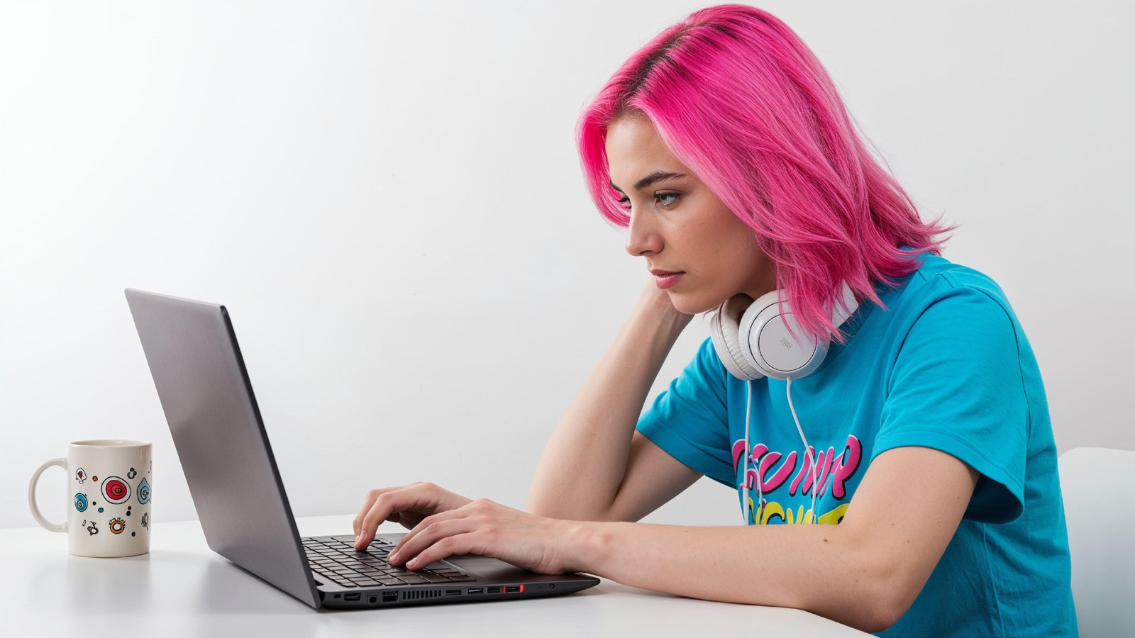 Beautiful Young Woman Working on Laptop at Modern Office Desk, Professional Business Portrait