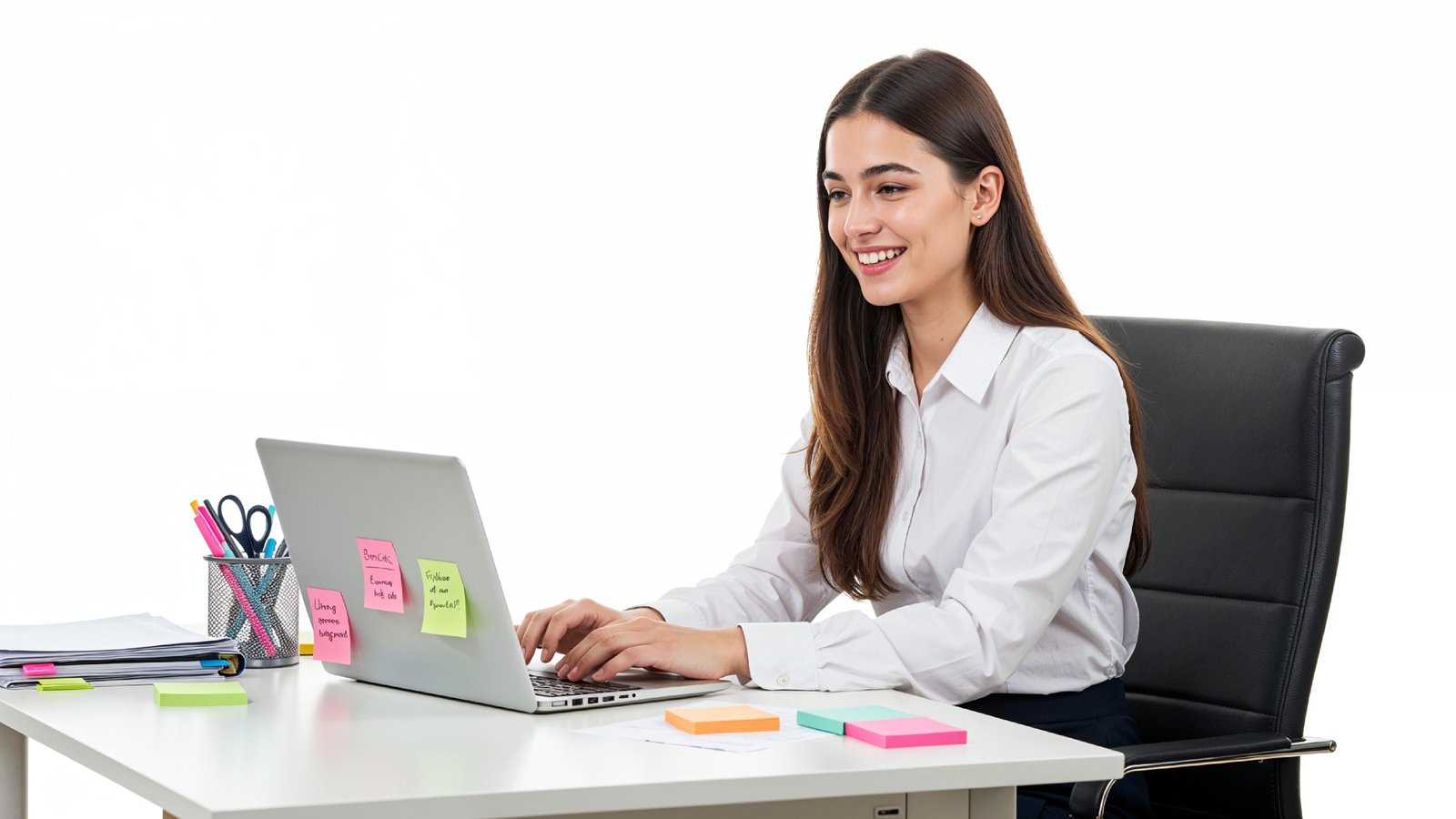 Beautiful Young Woman Working on Laptop at Modern Office Desk, Professional Business Portrait