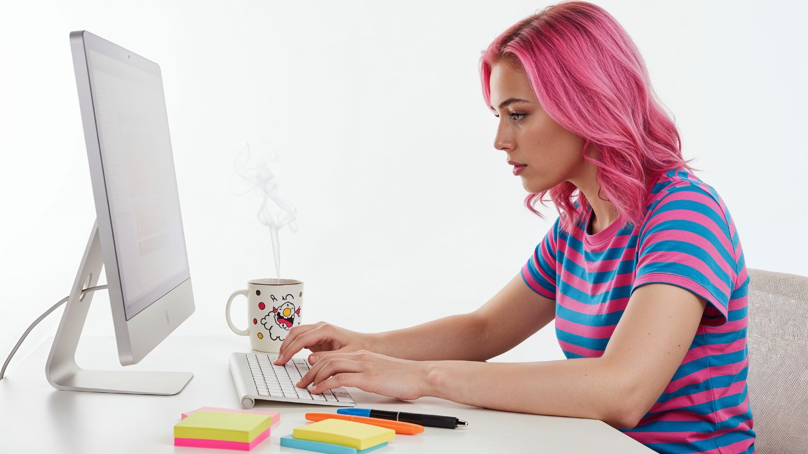 Beautiful Young Woman Working on Laptop at Modern Office Desk, Professional Business Portrait