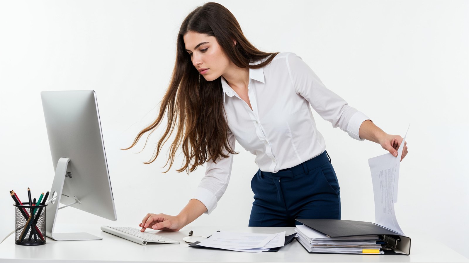 Beautiful Young Woman Working on Laptop at Modern Office Desk, Professional Business Portrait