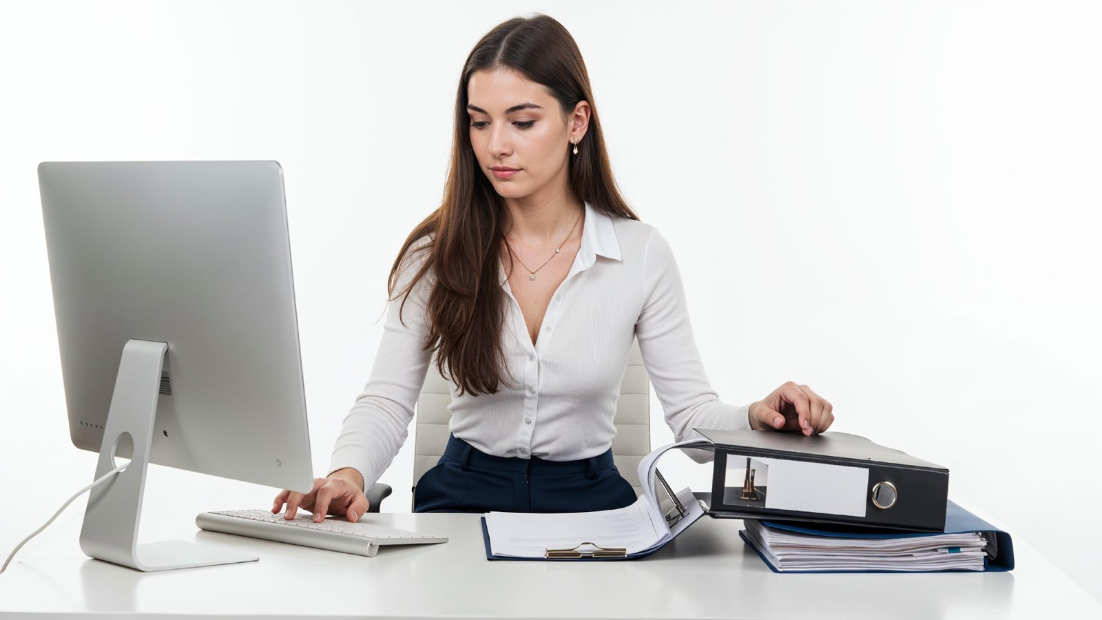 Beautiful Young Woman Working on Laptop at Modern Office Desk, Professional Business Portrait