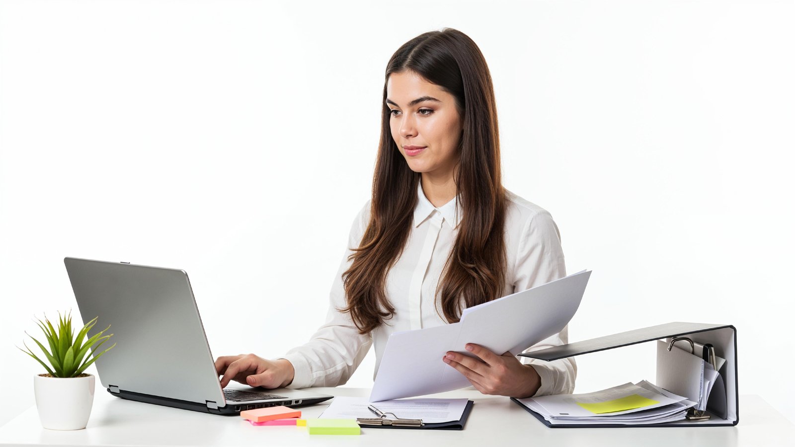 Beautiful Young Woman Working on Laptop at Modern Office Desk, Professional Business Portrait