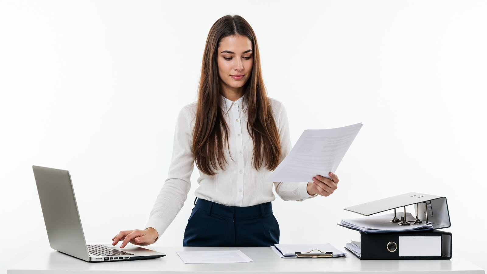 Beautiful Young Woman Working on Laptop at Modern Office Desk, Professional Business Portrait