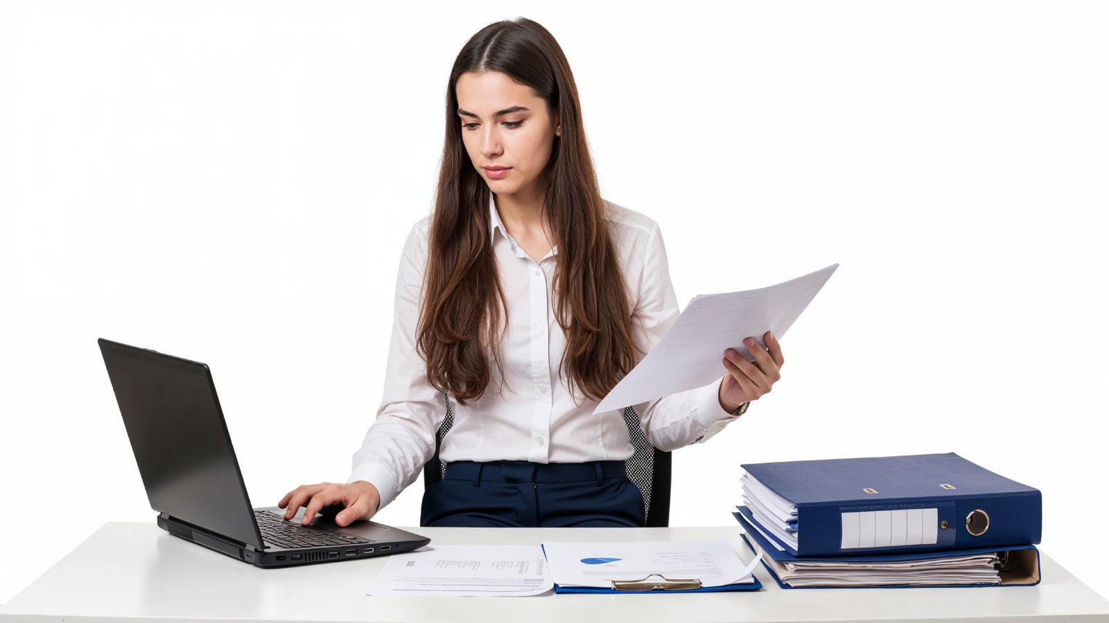 Beautiful Young Woman Working on Laptop at Modern Office Desk, Professional Business Portrait