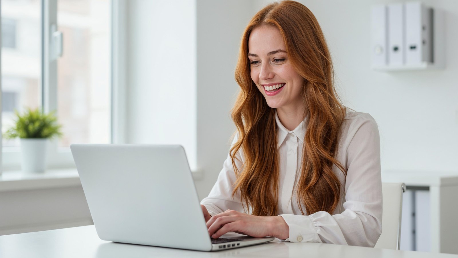 Beautiful Young Woman Working on Laptop at Modern Office Desk, Professional Business Portrait