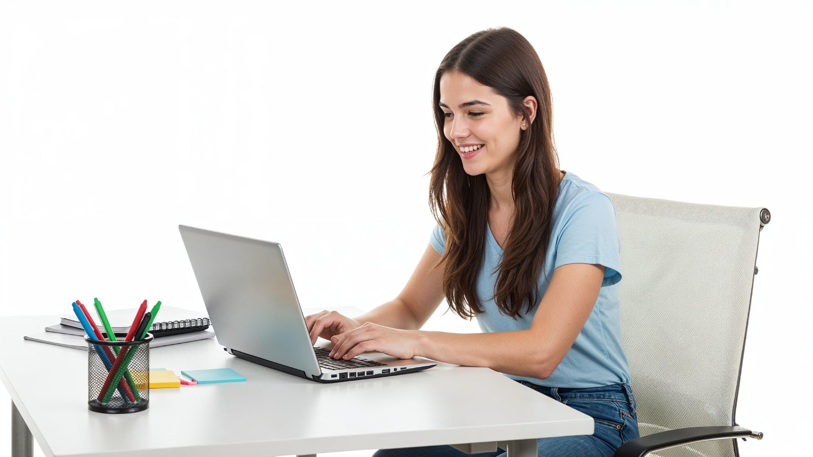 Beautiful Young Woman Working on Laptop at Modern Office Desk, Professional Business Portrait