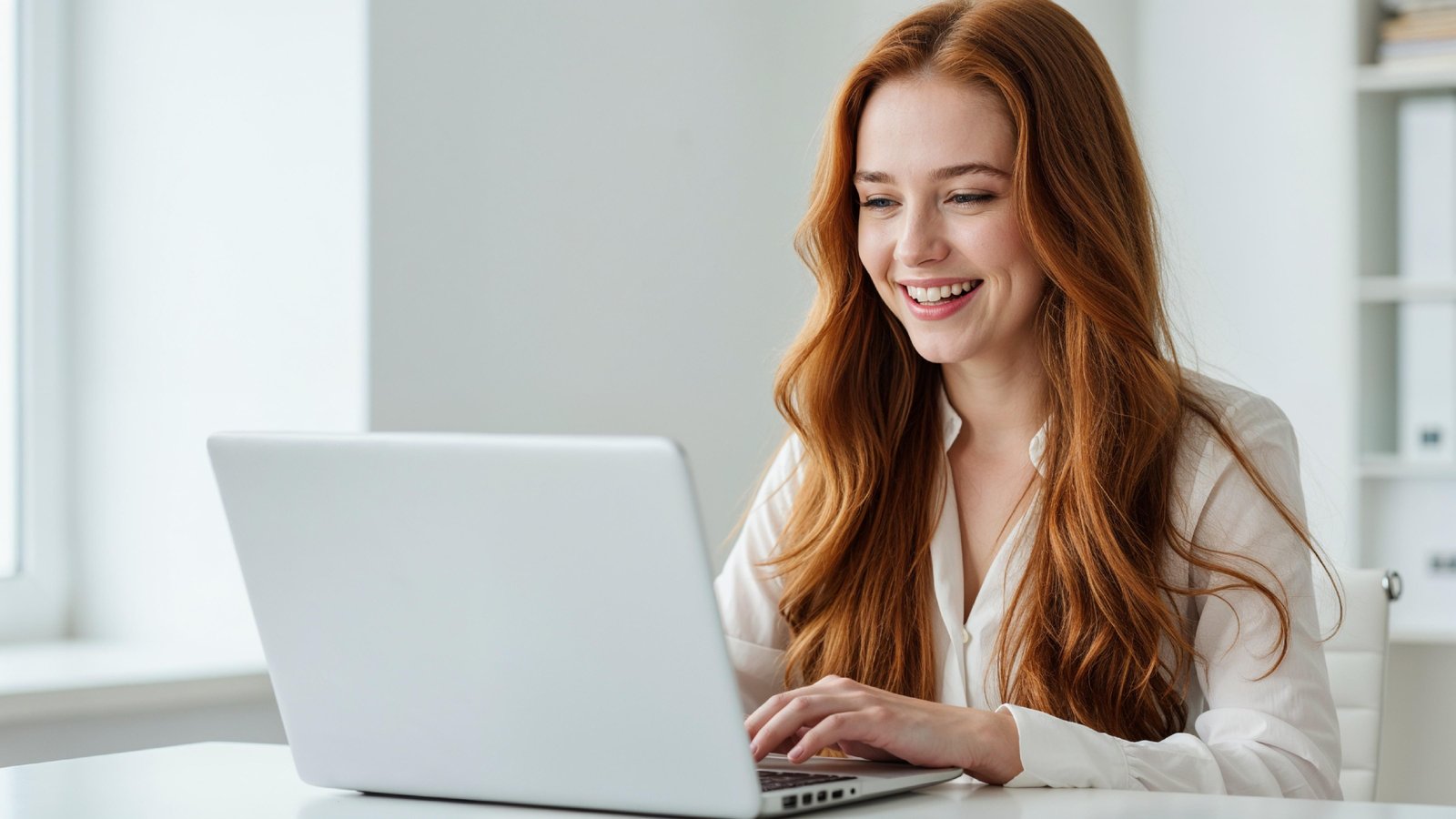 Beautiful Young Woman Working on Laptop at Modern Office Desk, Professional Business Portrait