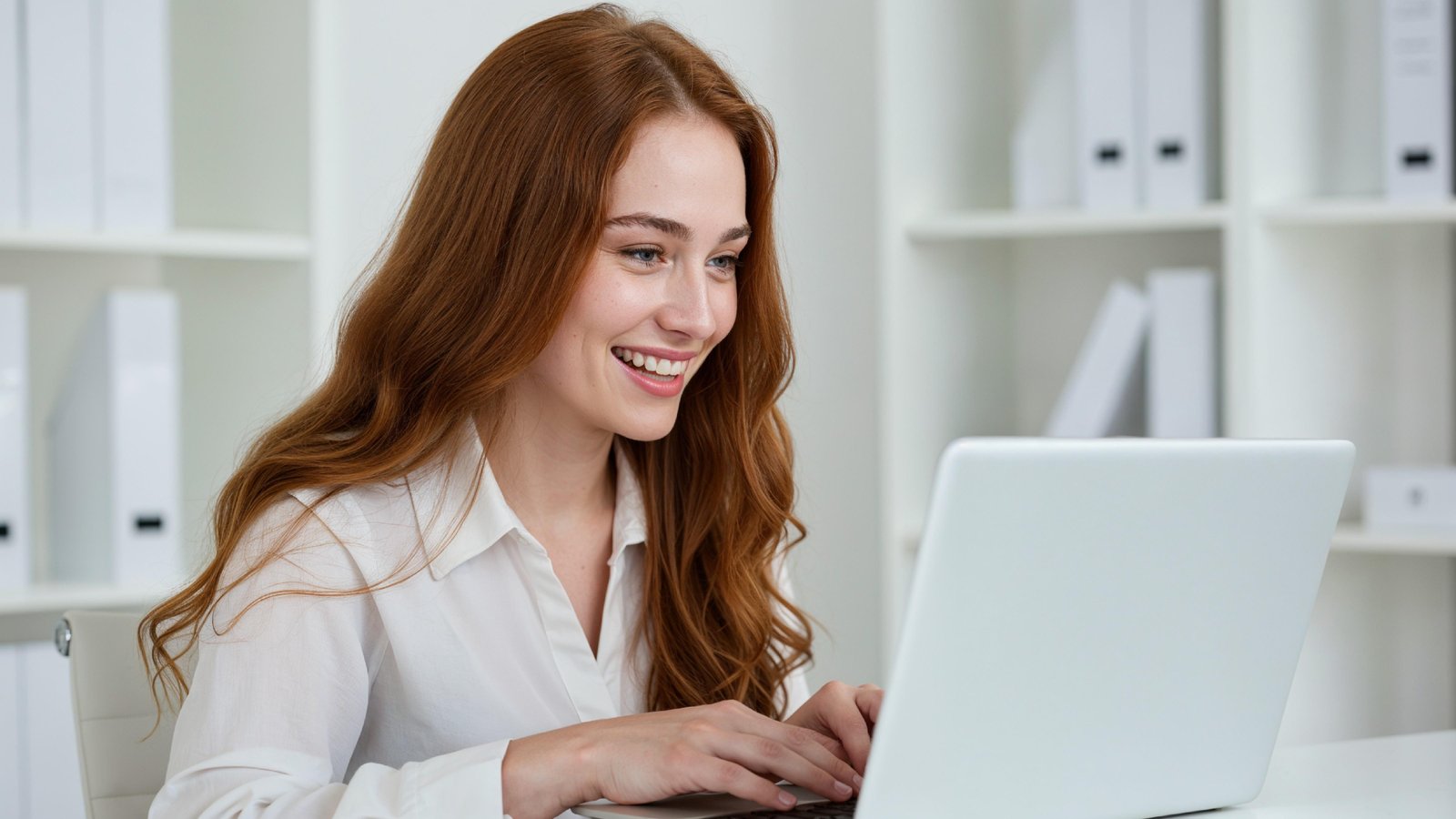 Beautiful Young Woman Working on Laptop at Modern Office Desk, Professional Business Portrait