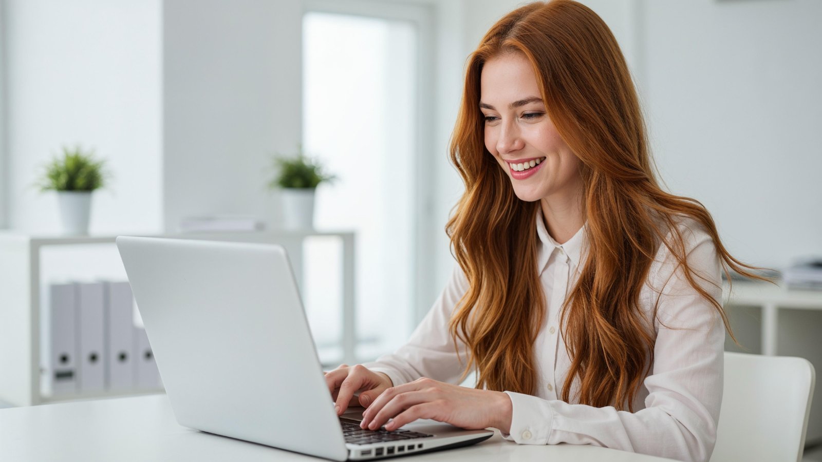 Beautiful Young Woman Working on Laptop at Modern Office Desk, Professional Business Portrait