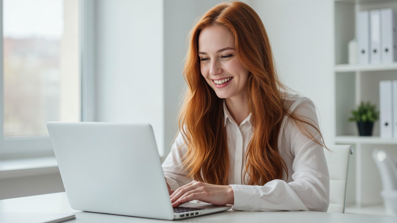 Beautiful Young Woman Working on Laptop at Modern Office Desk, Professional Business Portrait