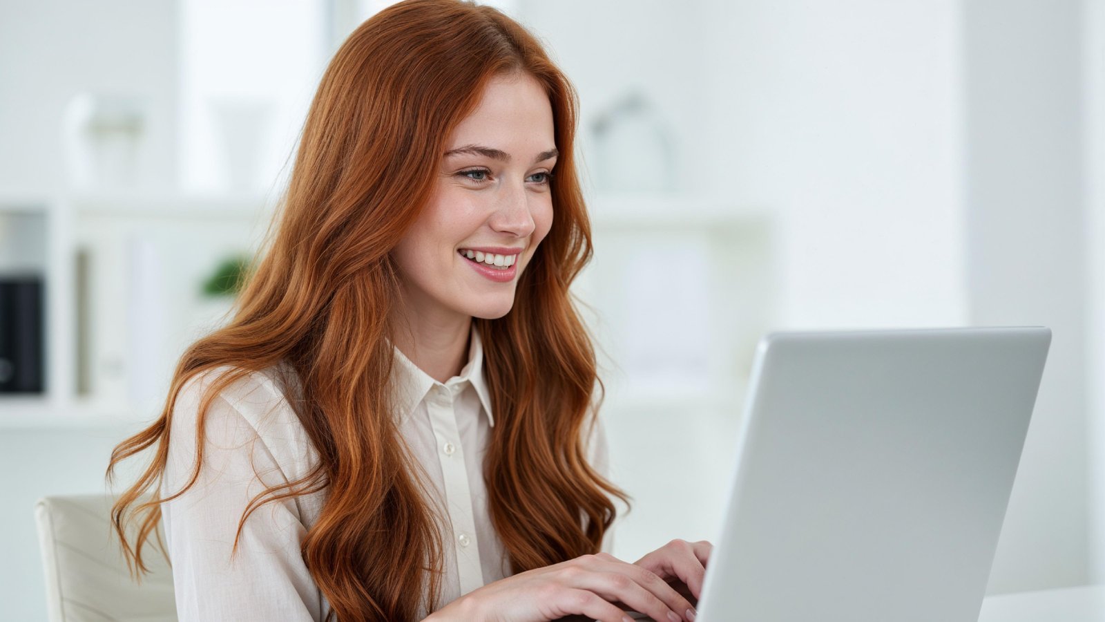 Beautiful Young Woman Working on Laptop at Modern Office Desk, Professional Business Portrait