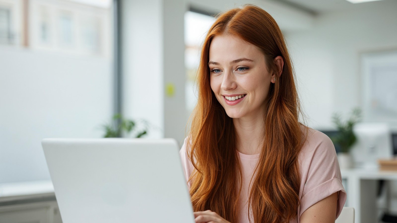 Beautiful Young Woman Working on Laptop at Modern Office Desk, Professional Business Portrait