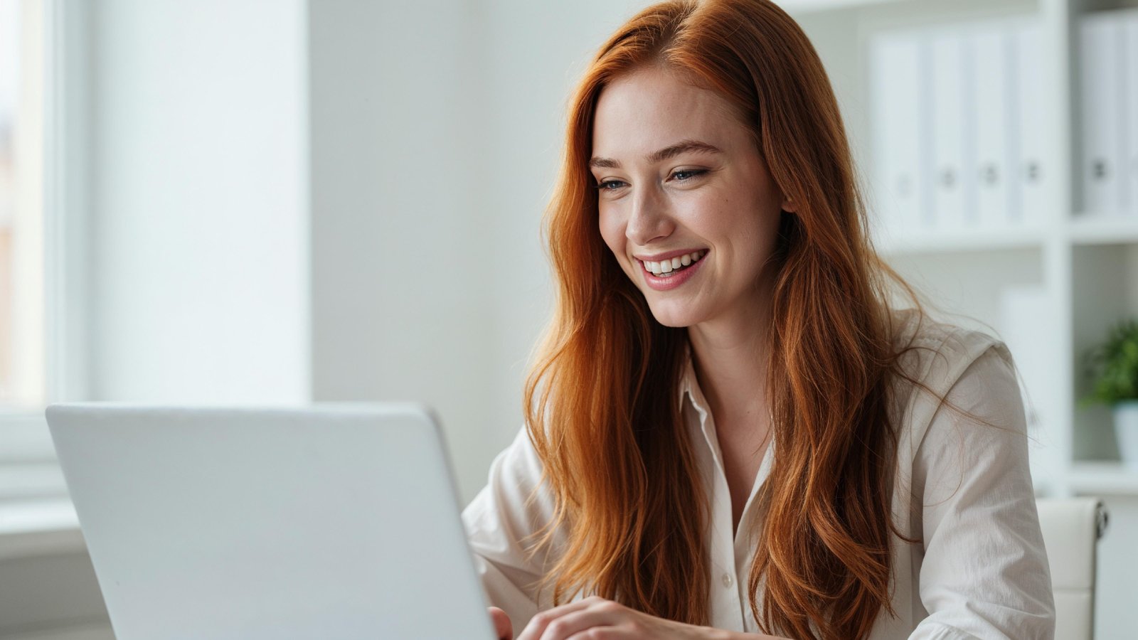 Beautiful Young Woman Working on Laptop at Modern Office Desk, Professional Business Portrait