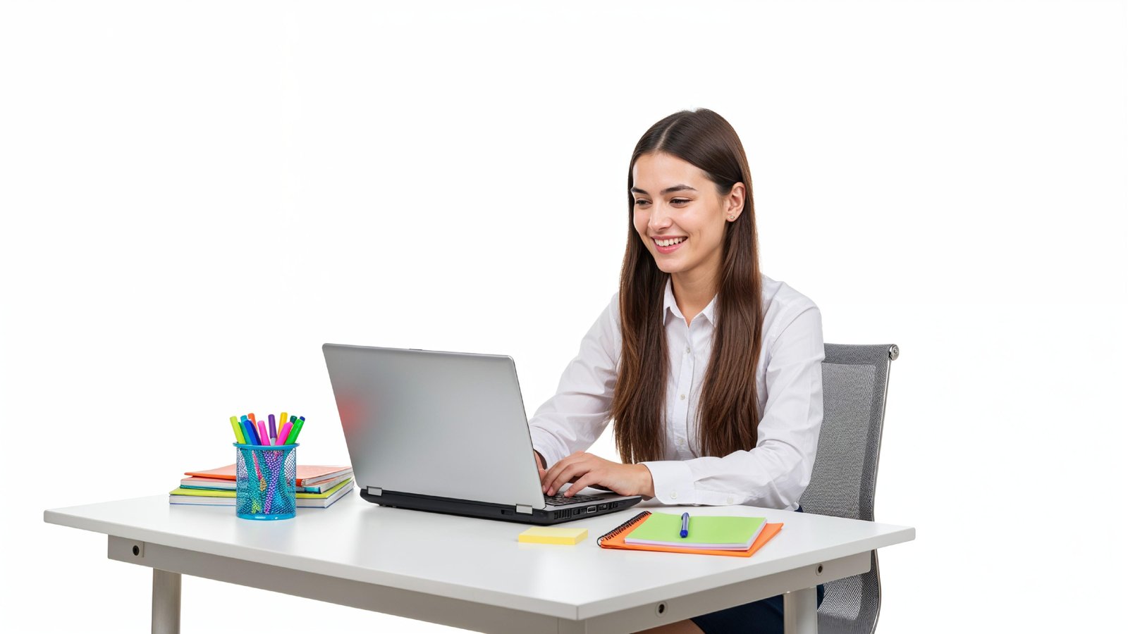 Beautiful Young Woman Working on Laptop at Modern Office Desk, Professional Business Portrait