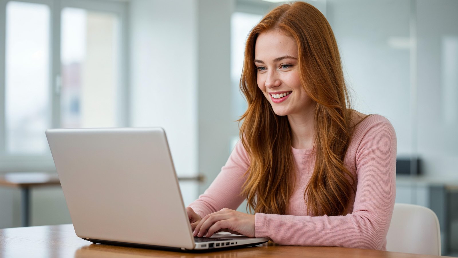 Beautiful Young Woman Working on Laptop at Modern Office Desk, Professional Business Portrait