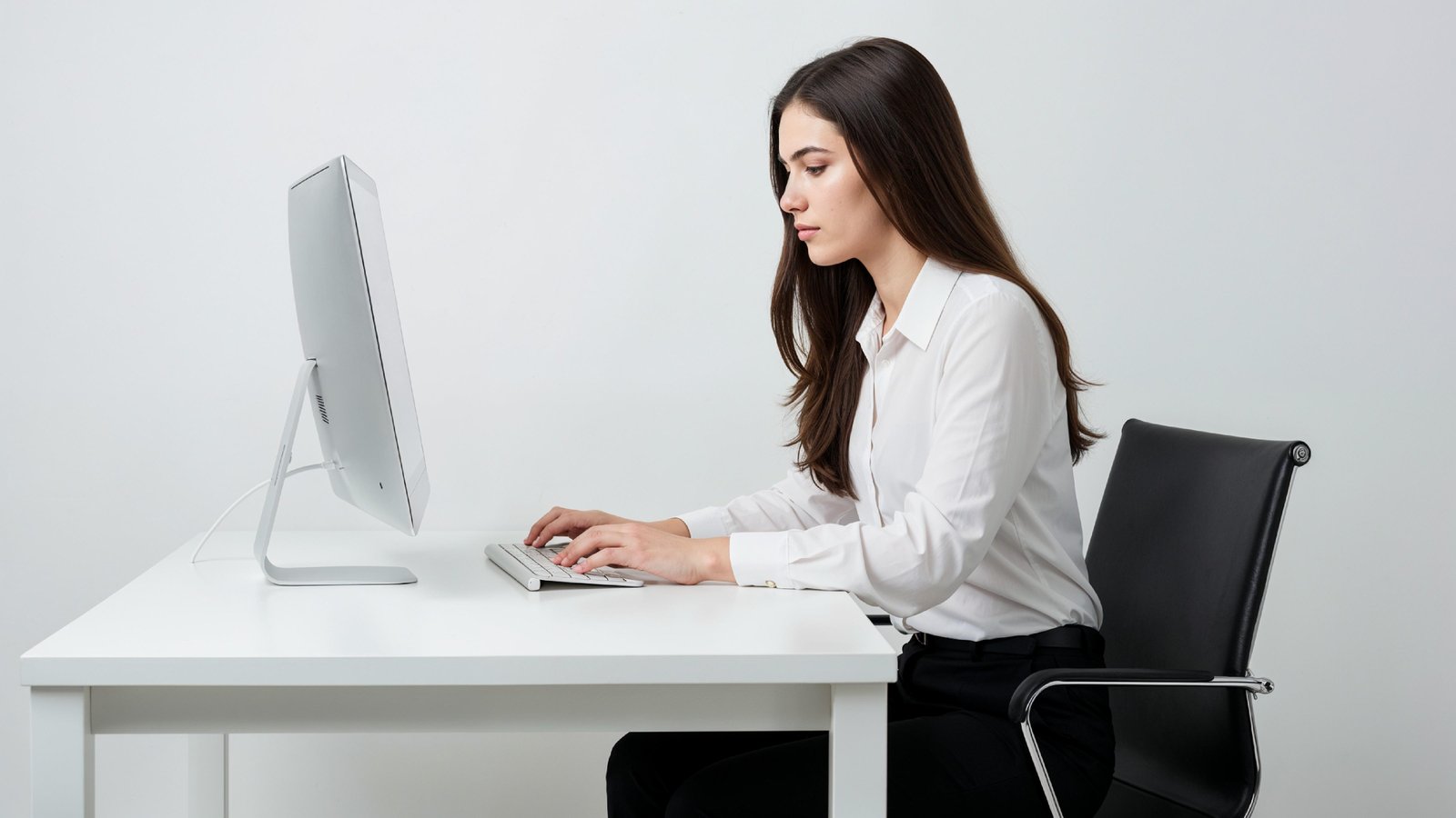 Beautiful Young Woman Working on Laptop at Modern Office Desk, Professional Business Portrait