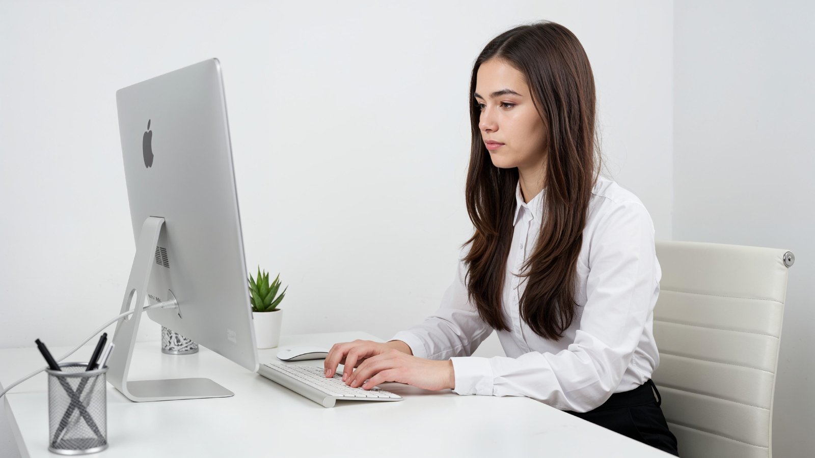 Beautiful Young Woman Working on Laptop at Modern Office Desk, Professional Business Portrait
