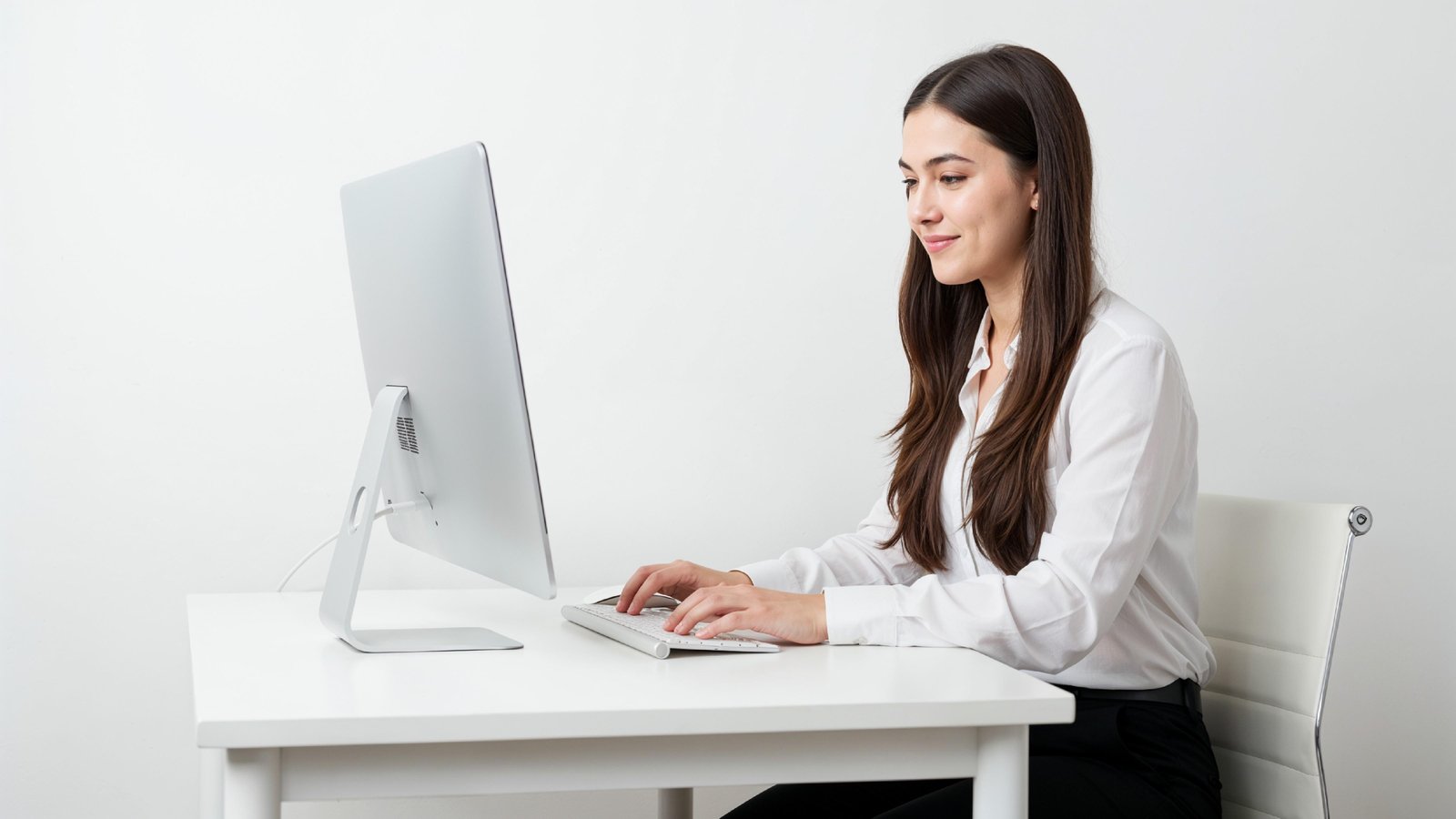 Beautiful Young Woman Working on Laptop at Modern Office Desk, Professional Business Portrait