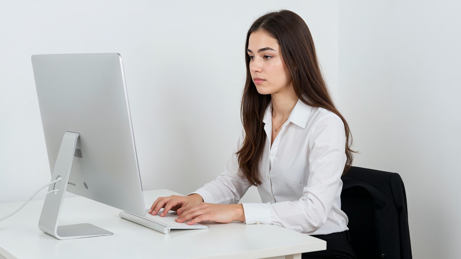 Beautiful Young Woman Working on Laptop at Modern Office Desk, Professional Business Portrait
