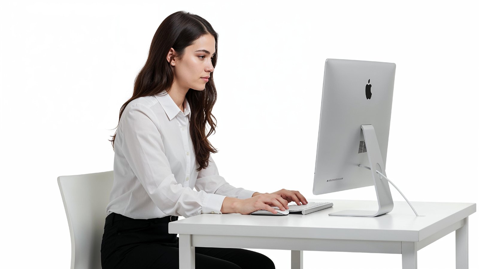 Beautiful Young Woman Working on Laptop at Modern Office Desk, Professional Business Portrait