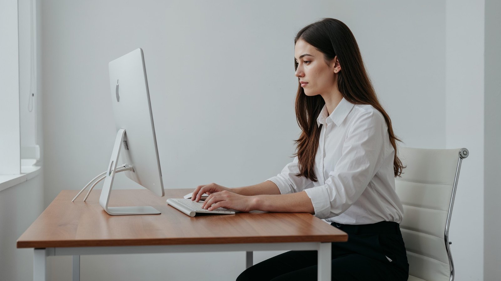 Beautiful Young Woman Working on Laptop at Modern Office Desk, Professional Business Portrait