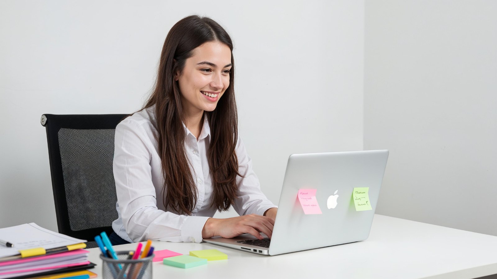 Beautiful Young Woman Working on Laptop at Modern Office Desk, Professional Business Portrait