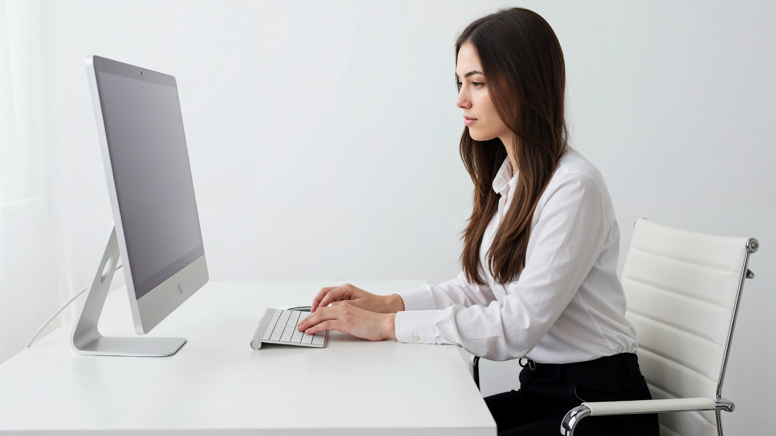 Beautiful Young Woman Working on Laptop at Modern Office Desk, Professional Business Portrait