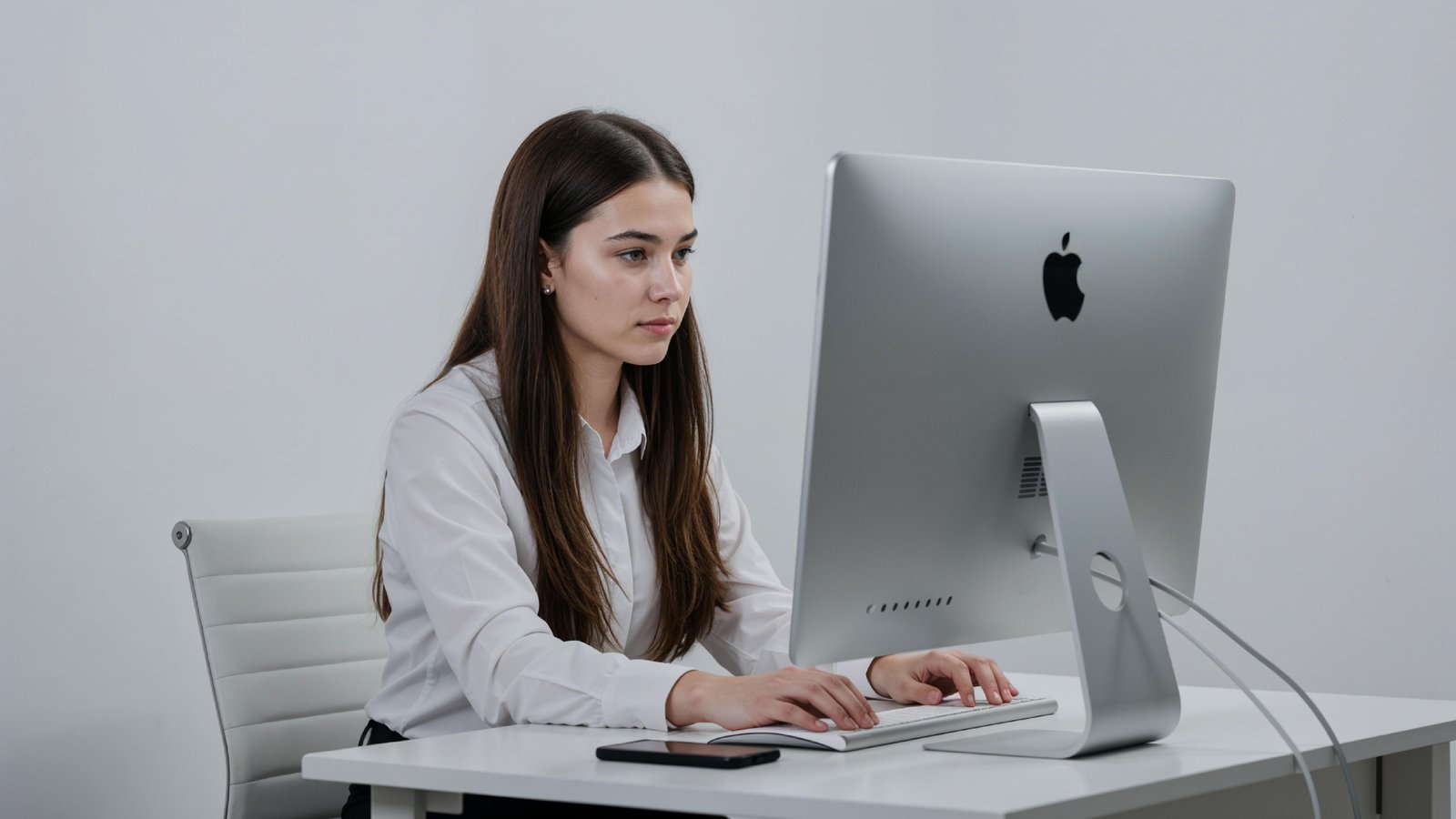 Beautiful Young Woman Working on Laptop at Modern Office Desk, Professional Business Portrait