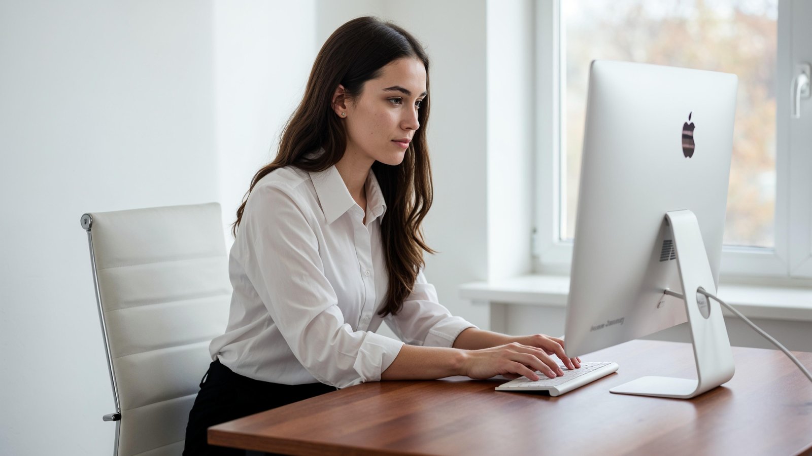 Beautiful Young Woman Working on Laptop at Modern Office Desk, Professional Business Portrait