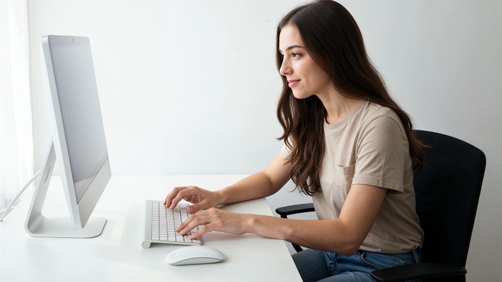 Beautiful Young Woman Working on Laptop at Modern Office Desk, Professional Business Portrait
