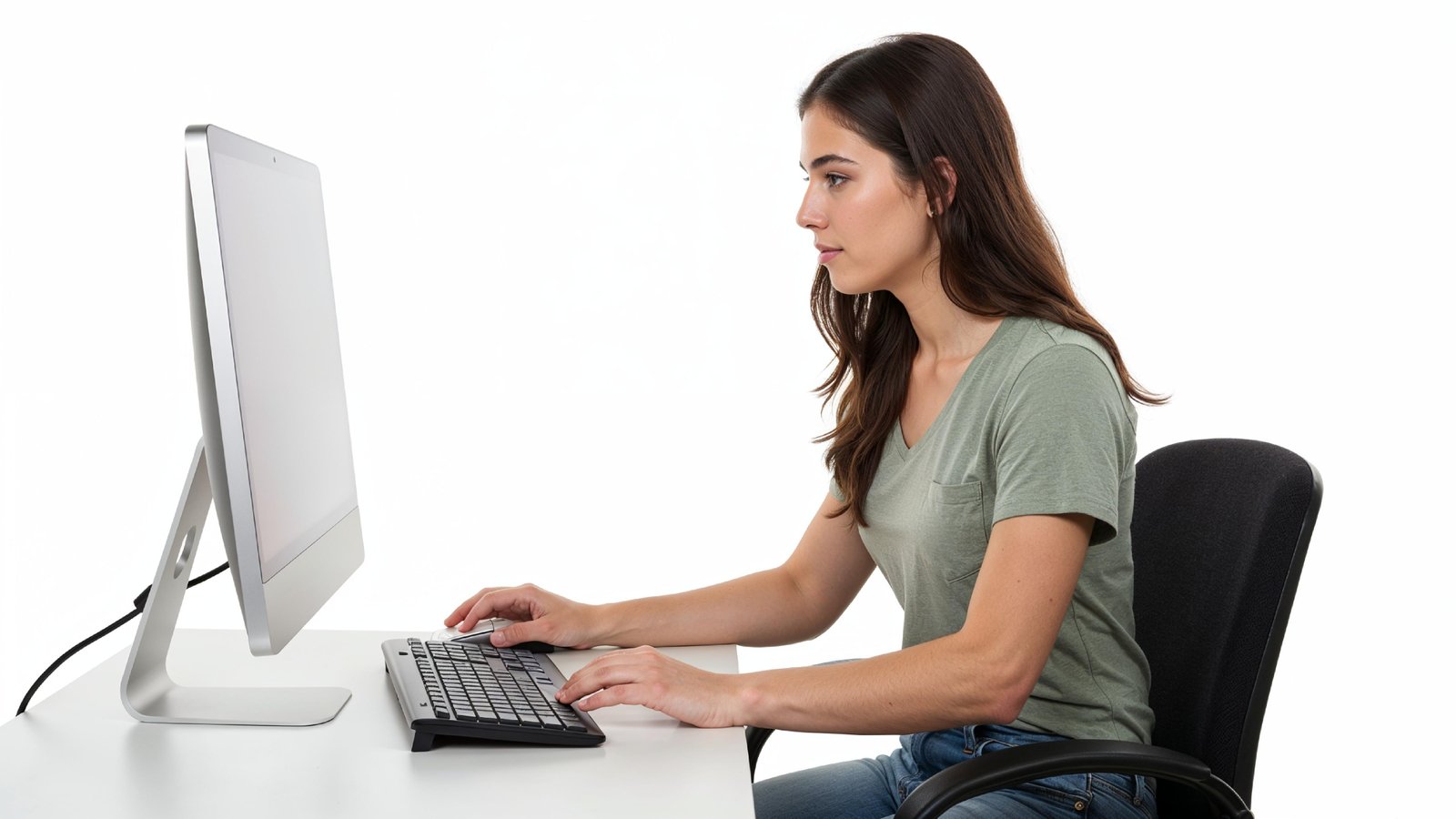 Beautiful Young Woman Working on Laptop at Modern Office Desk, Professional Business Portrait