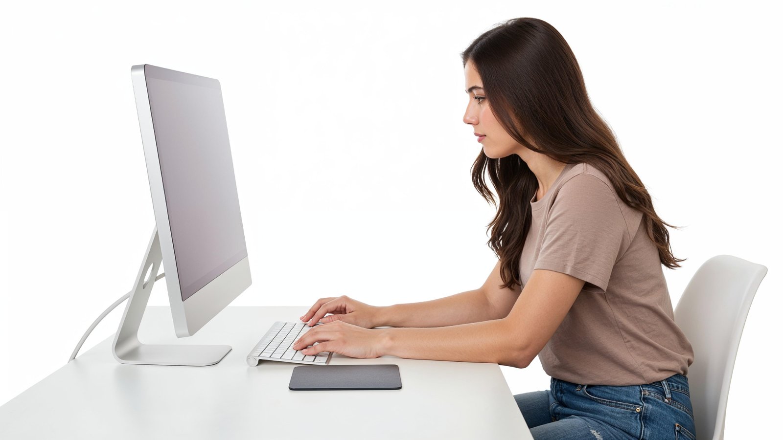 Beautiful Young Woman Working on Laptop at Modern Office Desk, Professional Business Portrait