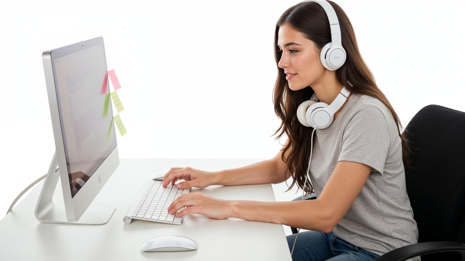 Beautiful Young Woman Working on Laptop at Modern Office Desk, Professional Business Portrait