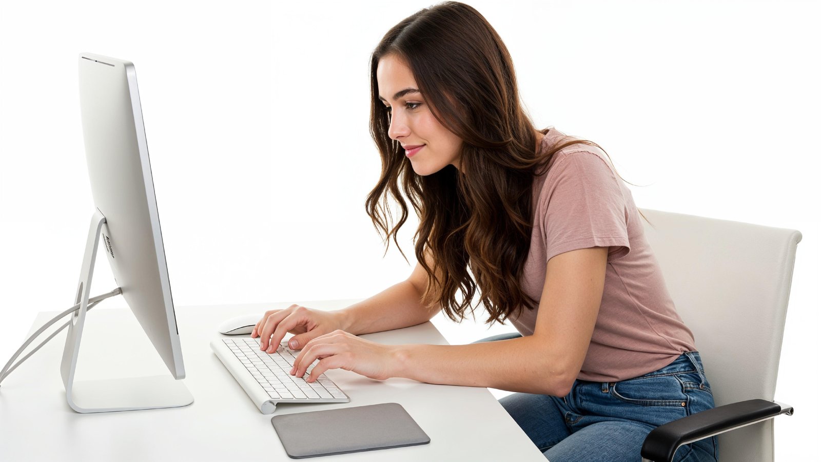 Beautiful Young Woman Working on Laptop at Modern Office Desk, Professional Business Portrait