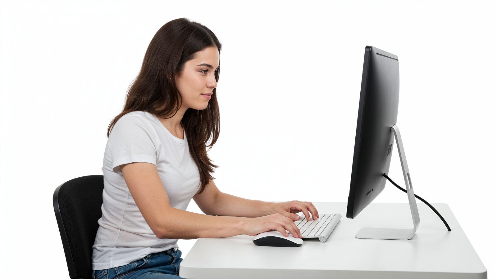 Beautiful Young Woman Working on Laptop at Modern Office Desk, Professional Business Portrait