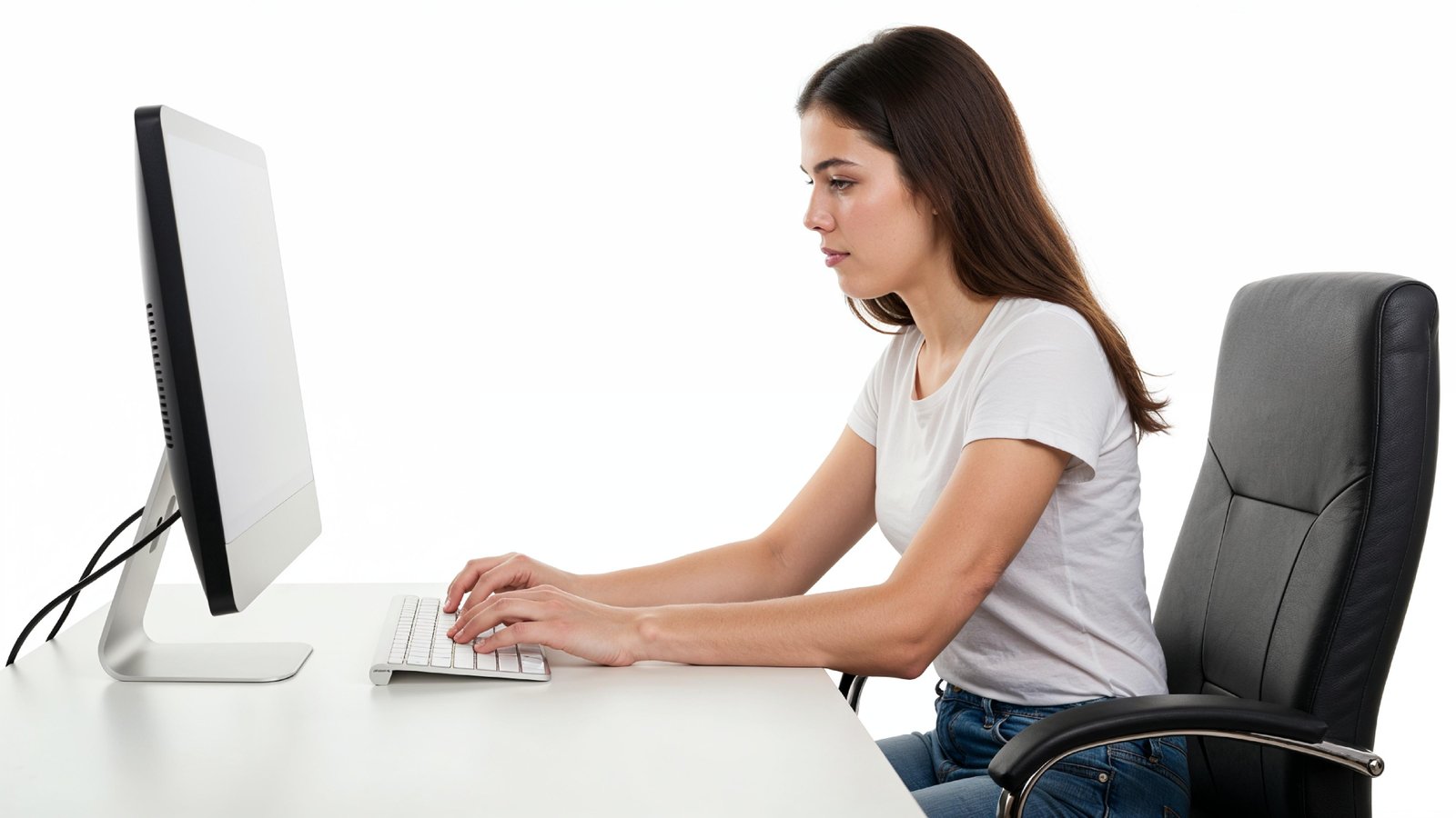 Beautiful Young Woman Working on Laptop at Modern Office Desk, Professional Business Portrait