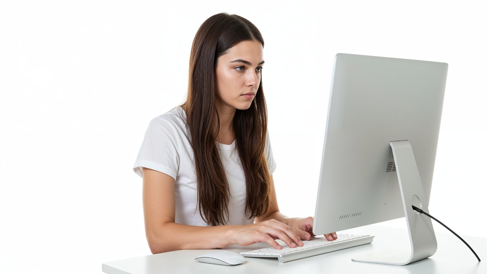Beautiful Young Woman Working on Laptop at Modern Office Desk, Professional Business Portrait