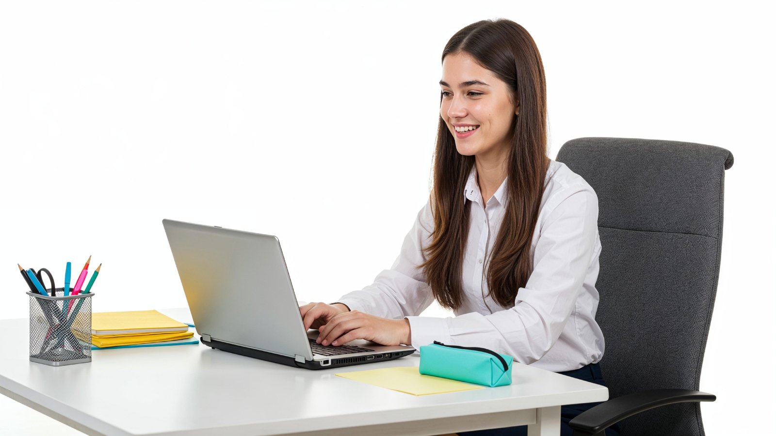 Beautiful Young Woman Working on Laptop at Modern Office Desk, Professional Business Portrait