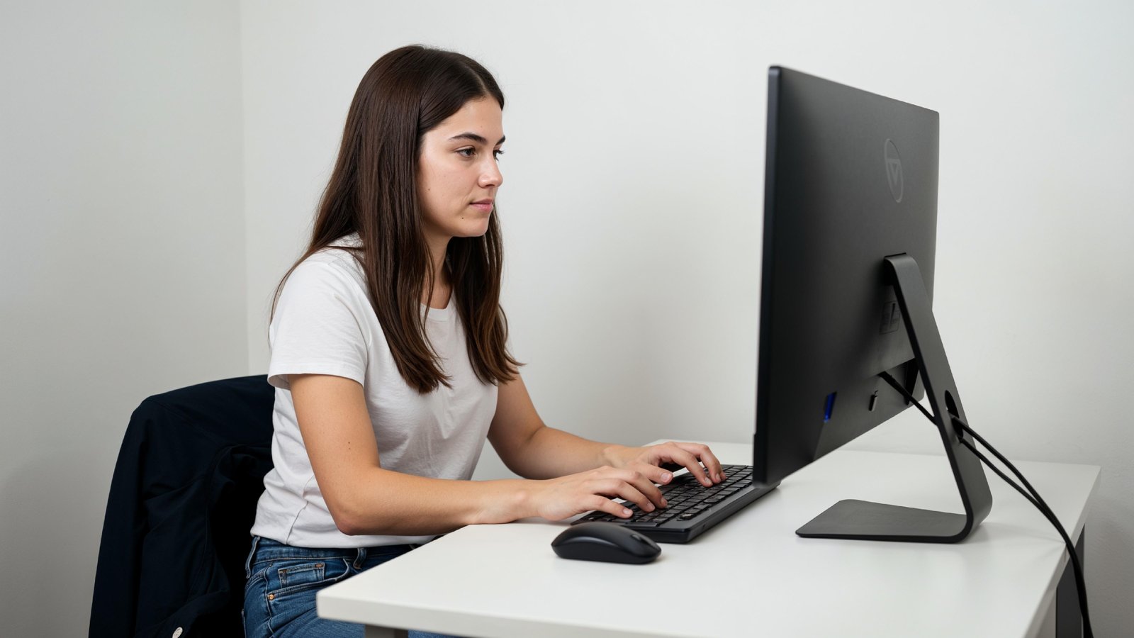 Beautiful Young Woman Working on Laptop at Modern Office Desk, Professional Business Portrait