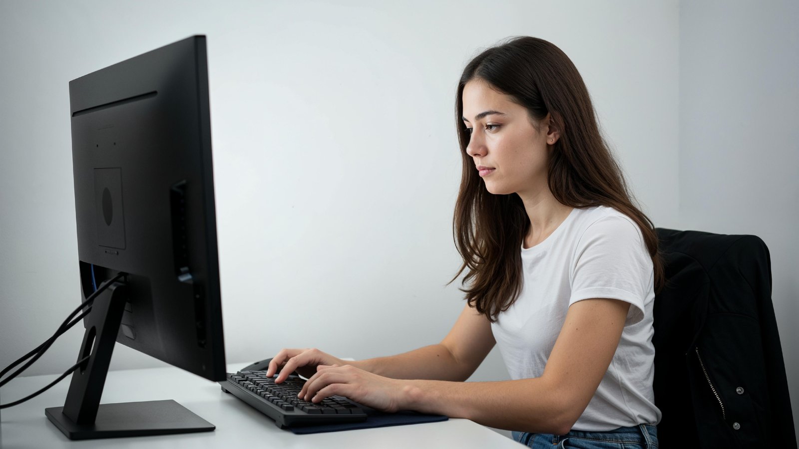Beautiful Young Woman Working on Laptop at Modern Office Desk, Professional Business Portrait