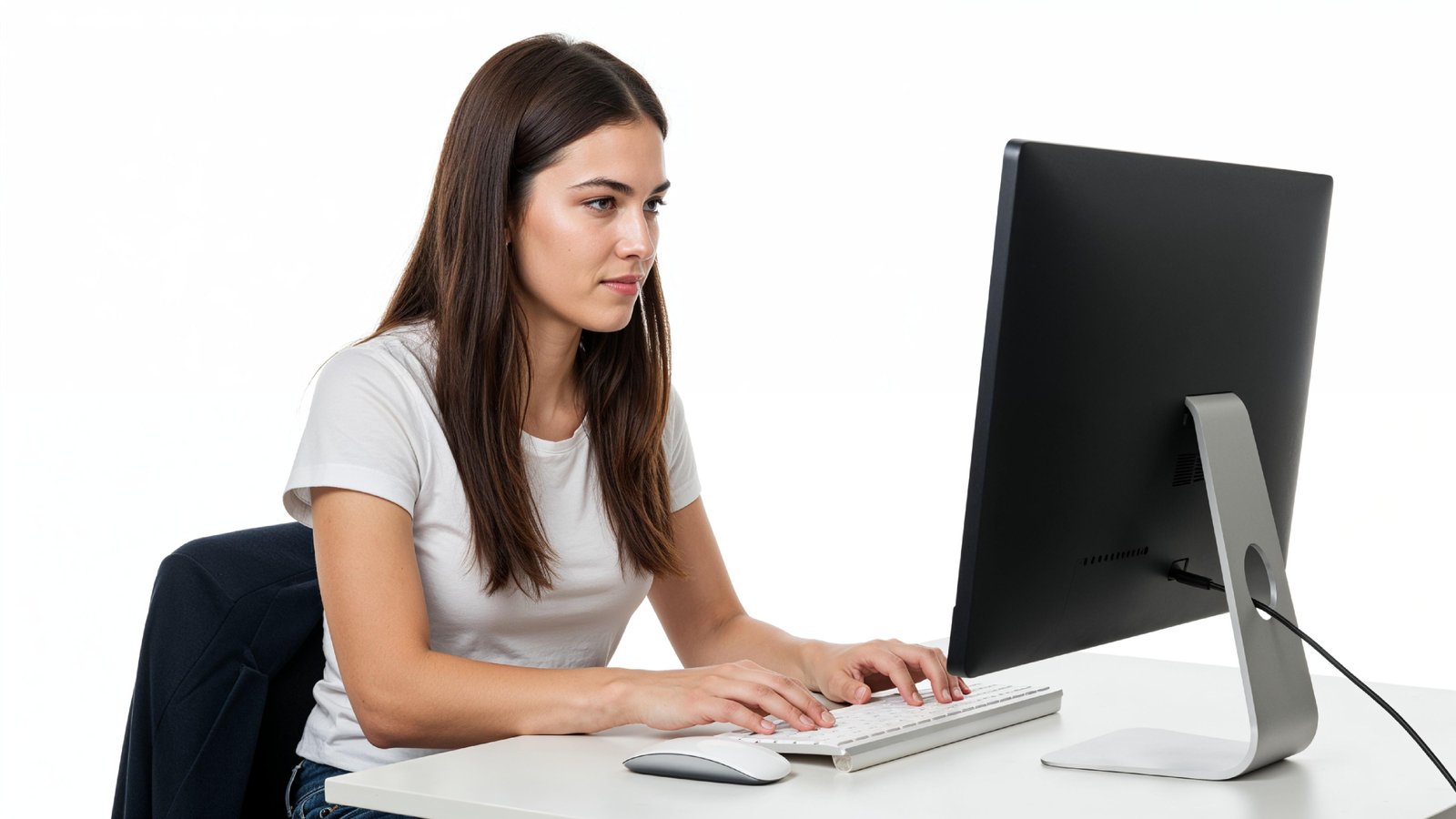 Beautiful Young Woman Working on Laptop at Modern Office Desk, Professional Business Portrait