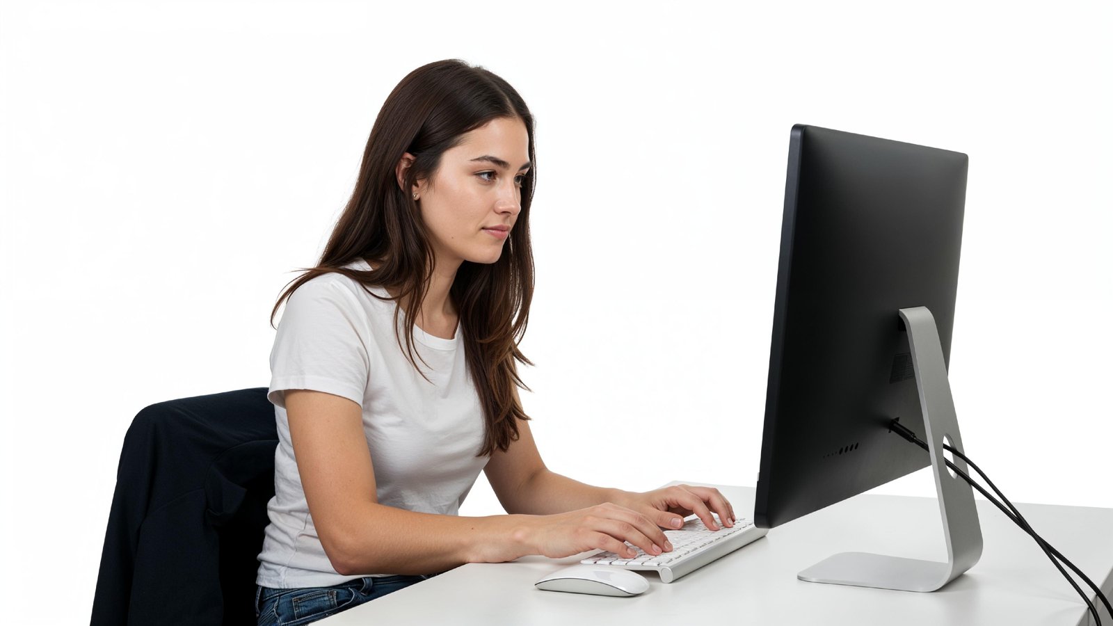 Beautiful Young Woman Working on Laptop at Modern Office Desk, Professional Business Portrait