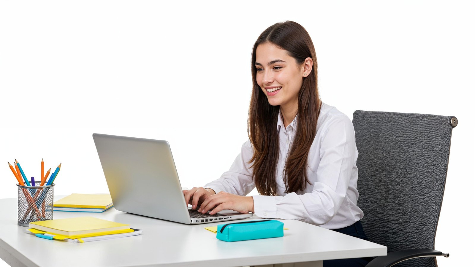 Beautiful Young Woman Working on Laptop at Modern Office Desk, Professional Business Portrait