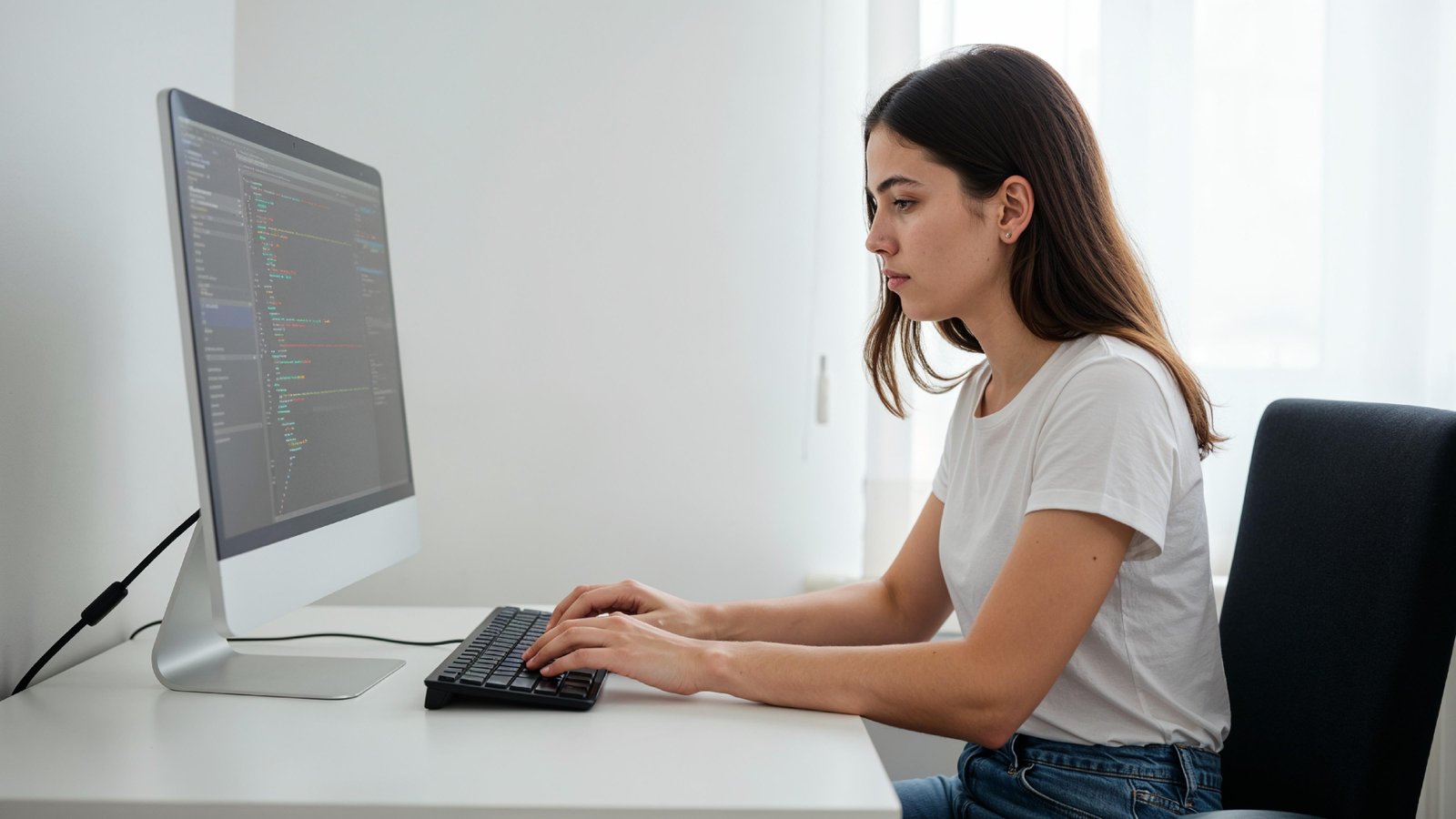 Beautiful Young Woman Working on Laptop at Modern Office Desk, Professional Business Portrait