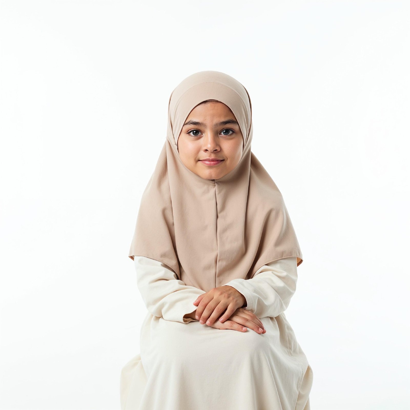 Cute Young Muslim Girl Wearing Beige Hijab and Modest Dress in Studio Portrait